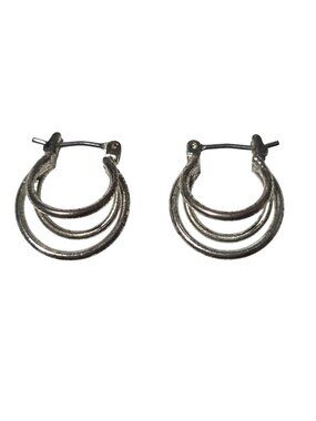 Vintage Hoop Earrings Silver Tone Geometric Triple Graduated Retro 80s 90s Women